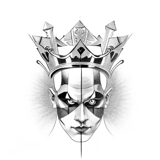 full length harlequin fool lifting a crown onto his head tattoo design idea
