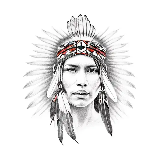 Native American woman with eagle wings as hair tattoo design idea