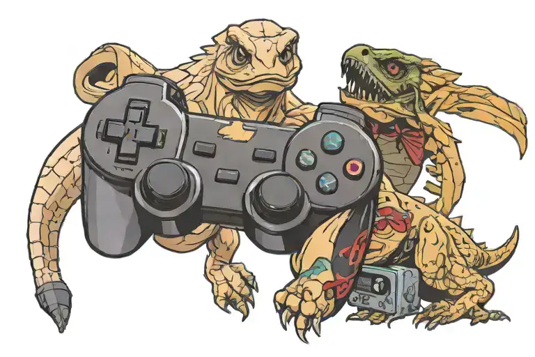 Chevrolet bowtie ribbon, Hedwig, PS5 Controller, and T-Rex  tattoo design idea