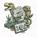 Chevy, Hedwig, T-rex, PS5 controller surrounded tattoo design idea