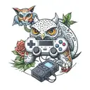 Chevy, Hedwig, T-rex, PS5 controller surrounded tattoo design idea