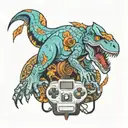 Chevy, Hedwig, T-rex, PS5 controller surrounded tattoo design idea