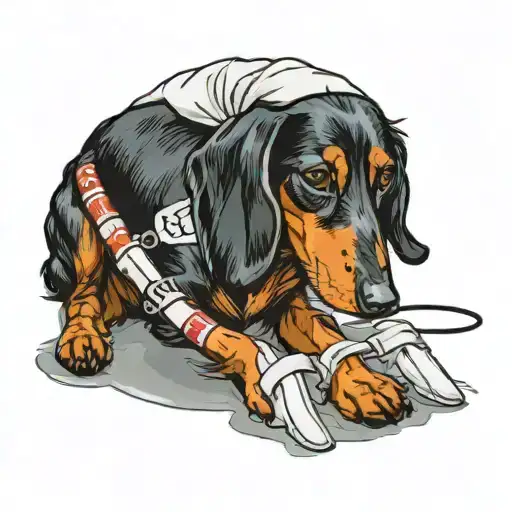 A dachshund nurse caring for a patient with a bandage on its paw tattoo design idea