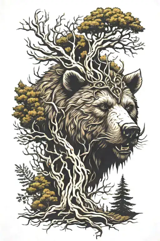 bear head viking trees tattoo design idea