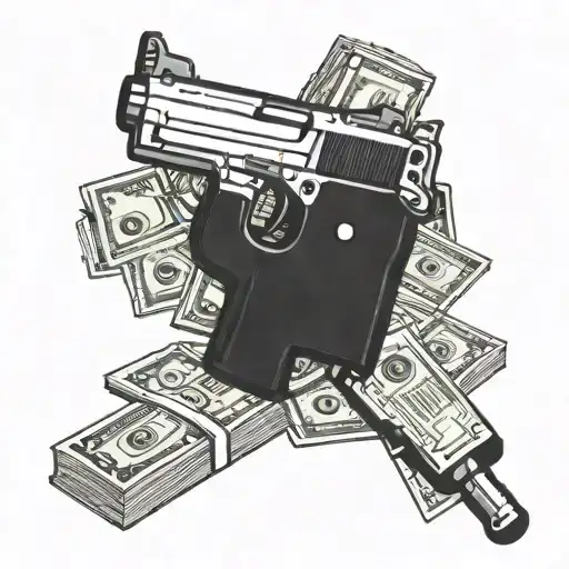 A stack of cash with a mechanical arm holding a gun, symbolizing the intersection of money, guns, and mechanics tattoo design idea