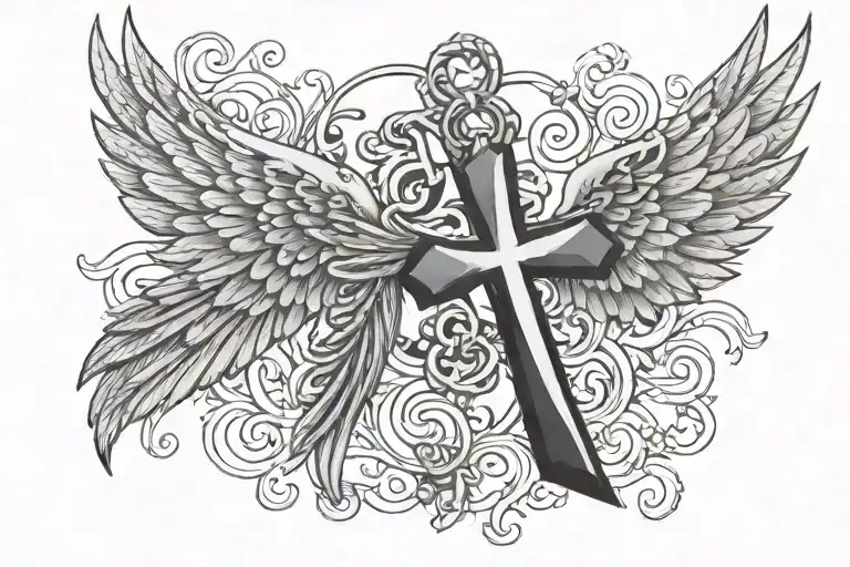 wing and cross necklace tattoo design idea