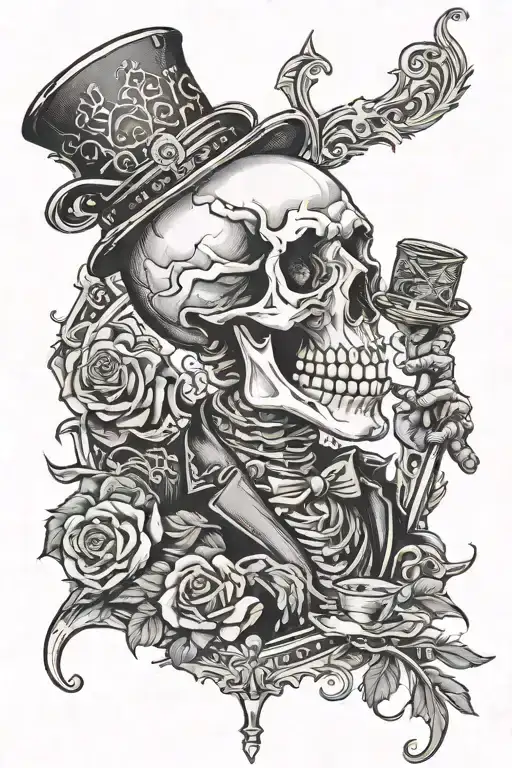 gothic skeleton in a suite smoking a cigar with a rose and crown in its hand tattoo design idea