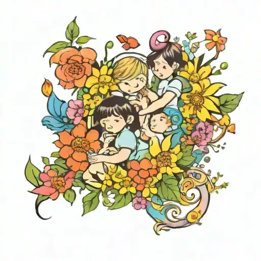 A whimsical scene of your children playing with your husband, surrounded by a garden of vibrant flowers tattoo design idea