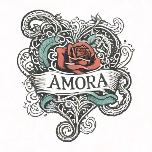 The name 'Amora' enclosed within a heart, with a serpent entwined around it. tattoo design idea