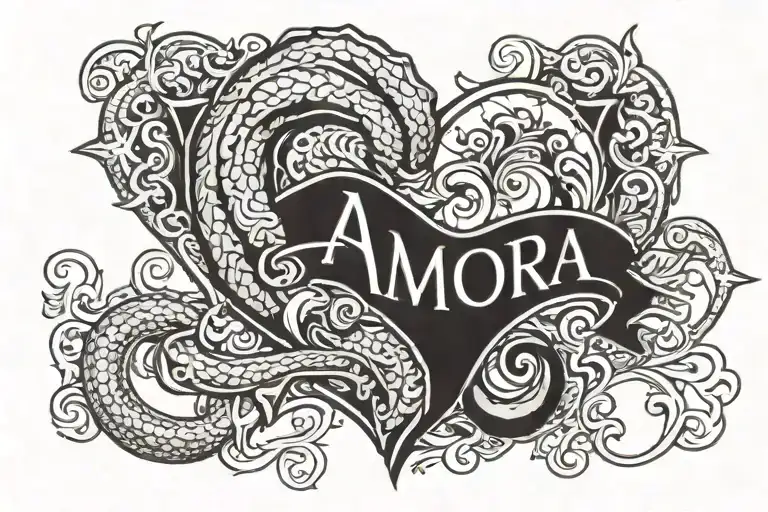 The name 'Amora' enclosed within a heart, with a serpent entwined around it. tattoo design idea