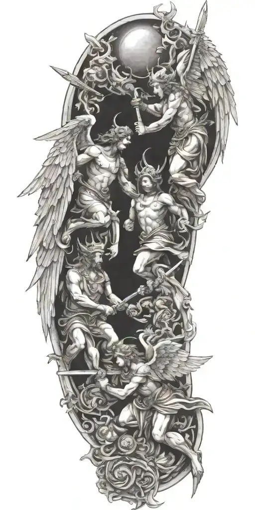 angels fighting devil sunshine cross tattoo design idea
