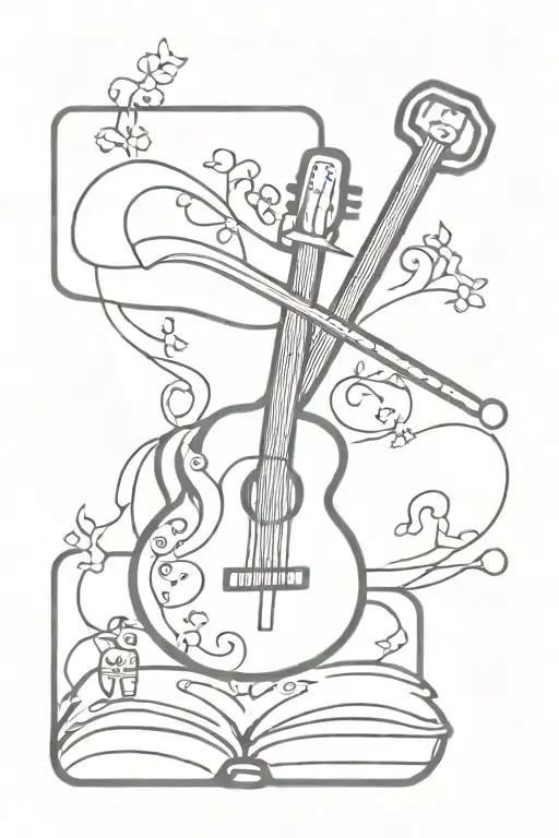 Book tattoo with elements around Barbell family guitar akatsuki nam myoho renge kyo and T1 Diabetic tattoo design idea