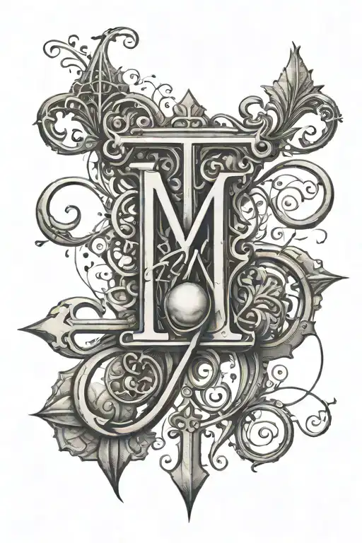 unalome symbol merging with heart cross and m r initials tattoo design idea