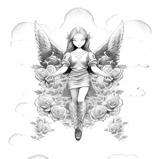 three angels standing on clouds above a field of roses tattoo design idea