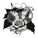 roses surrounding, butterfly coming, barbed wire wrapped tattoo design idea
