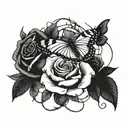 roses surrounding, butterfly coming, barbed wire wrapped tattoo design idea
