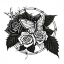 roses surrounding, butterfly coming, barbed wire wrapped tattoo design idea