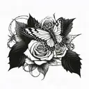 roses surrounding, butterfly coming, barbed wire wrapped tattoo design idea