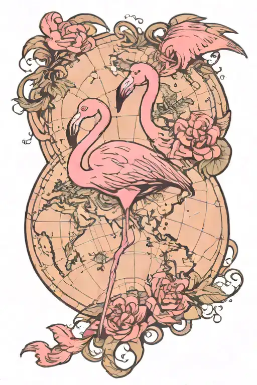pink flamingo and world map tattoo design idea