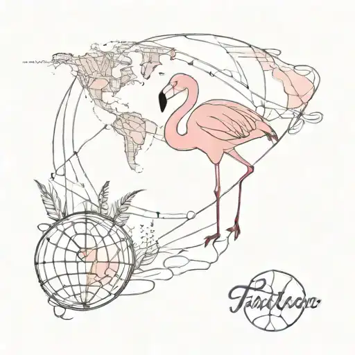 pink flamingo and world map tattoo design idea