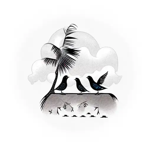 A tattoo design of a family of birds perched on a palm tree, representing familial bonds and unity in nature tattoo design idea