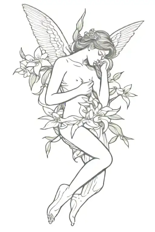 A fallen angel on a bed of jasmine flowers tattoo design idea