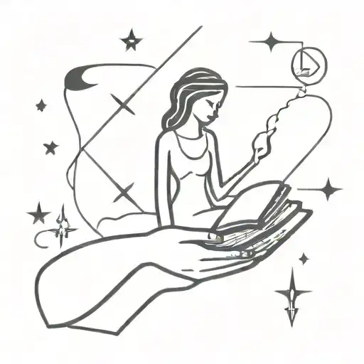 A minimalist tattoo of a mother holding a book with magical symbols floating around her tattoo design idea