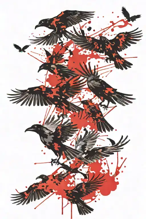 Crows flying in ink blots and clouds tattoo design idea