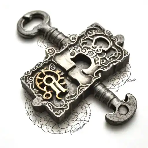 Puzzle piece couples tattoo with onate Victorian lock and key inside puzzle pieces tattoo design idea
