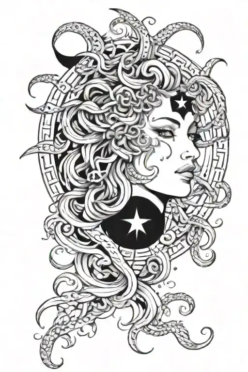 A Medusa design combined with celestial elements like stars and moons realistic tattoo design idea