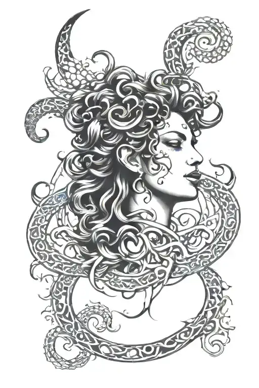 A Medusa design combined with celestial elements like stars and moons realistic tattoo design idea