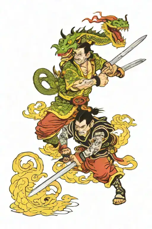 samurai thrusting a sword into the dragon's head, a large hanya mask in the background tattoo design idea