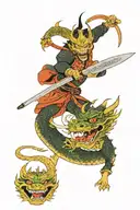 samurai thrusting a sword into the dragon's head, a large hanya mask in the background tattoo design idea