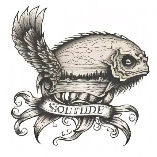 Create a small, stylized, barely legible tattoo that reads "solitude" tattoo design idea