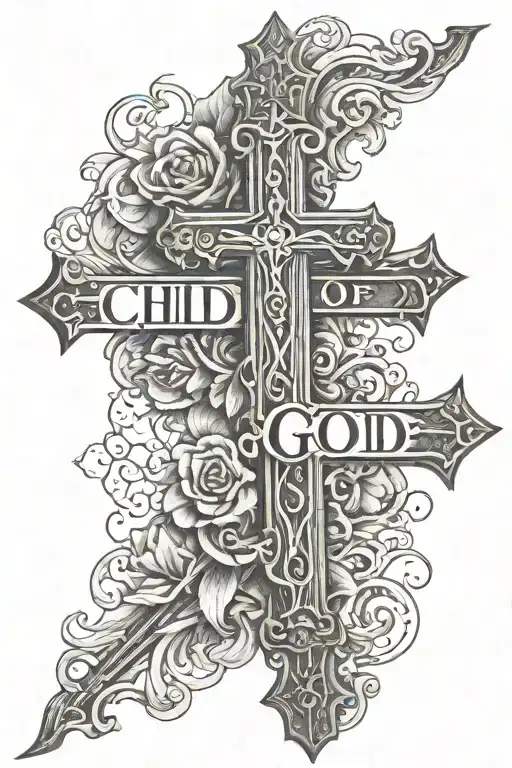 Child of god words imprinted behind a cross tattoo tattoo design idea