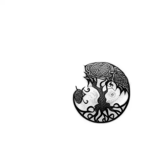 a celtic tree of life, make birds fly out of the broken portion of the circle. crisp linew tattoo design idea