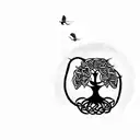 a celtic tree of life, make birds fly out of the broken portion of the circle. crisp linew tattoo design idea