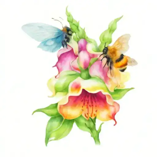  foxglove, lilly of the valley, lotus, with a bumblebee  tattoo design idea