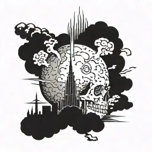 atomic bomb explosion, city, skull  tattoo design idea