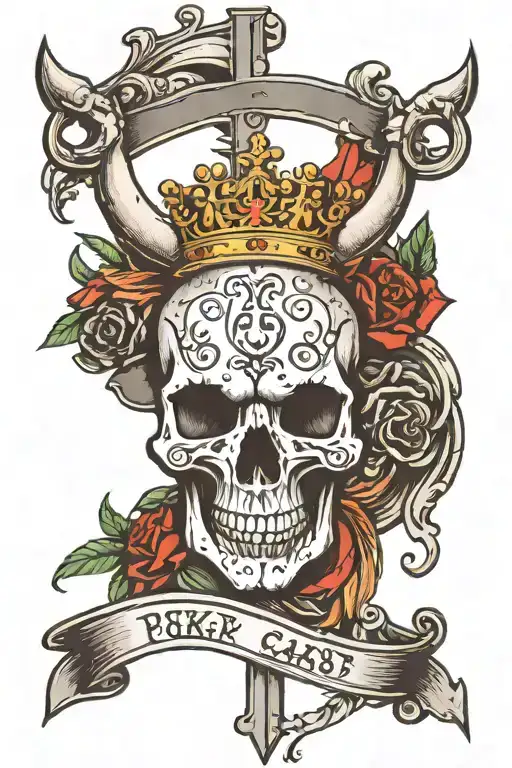 poker cards, longhorn skull, bullets, knive, cross, crown, wings tattoo design idea