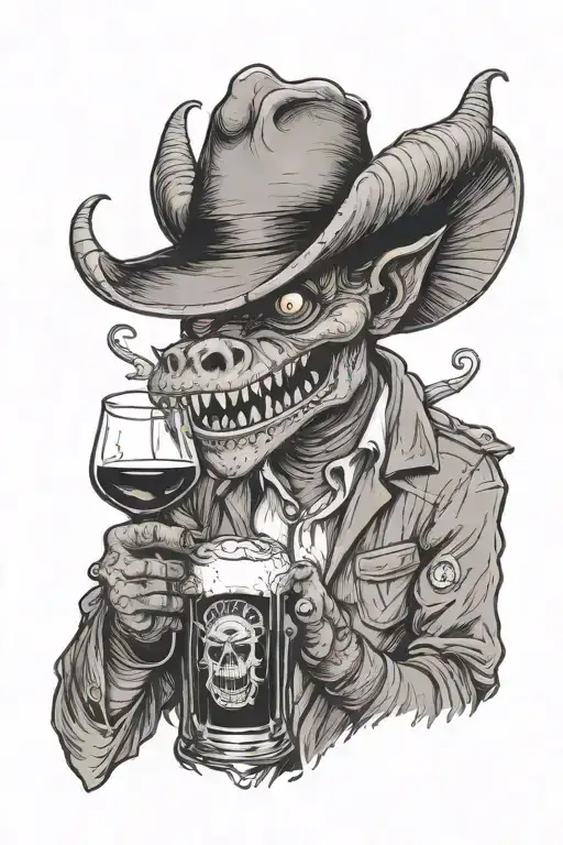 the devil with a crocodile drinking malbec wine listening to and old music cd , with a beer glass tattoo design idea