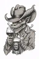 the devil with a crocodile drinking malbec wine listening to and old music cd , with a beer glass tattoo design idea