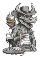 the devil with a crocodile drinking malbec wine listening to and old music cd , with a beer glass tattoo design idea
