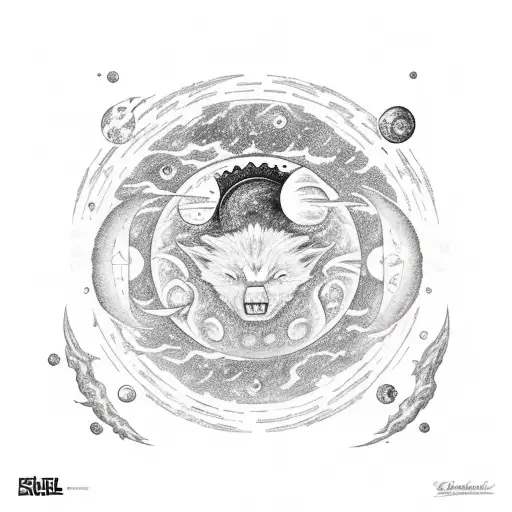 skoll and hati meeting the sun and moon in the centre. With a fiery/lava Ragnarok scene below tattoo design idea