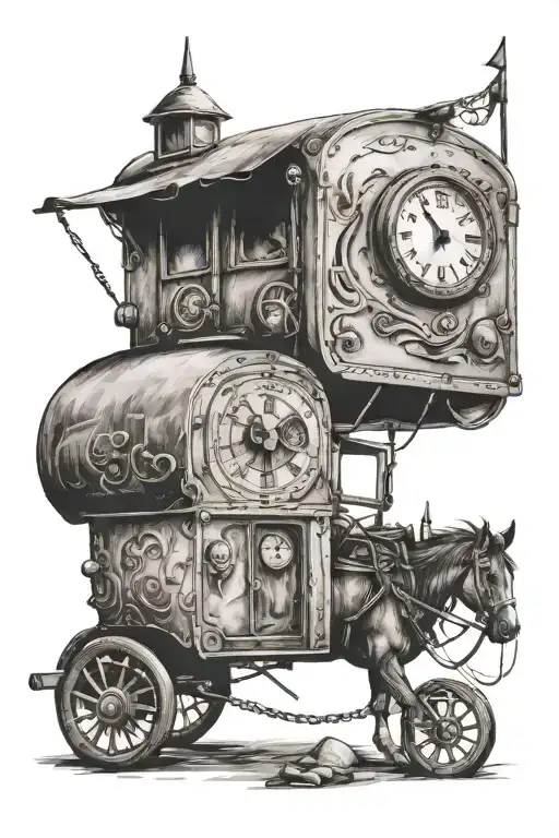 caravan and time clock tattoo design idea