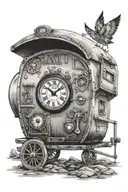 caravan and time clock tattoo design idea