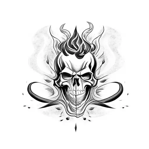 A stylized blackwork tattoo of a flaming skull driving a classic muscle car tattoo design idea