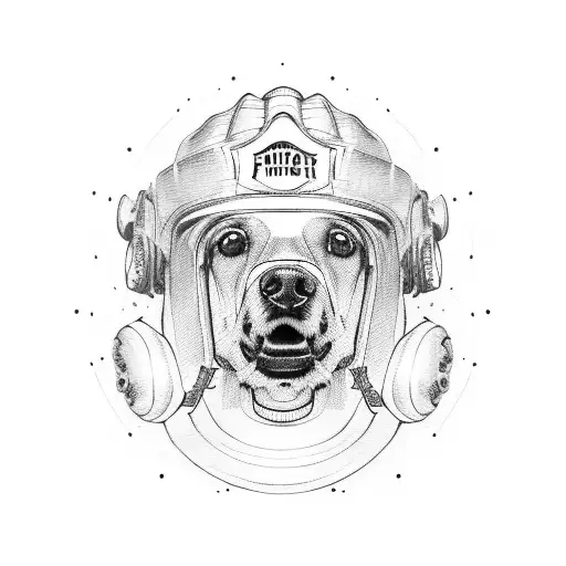 A realistic portrait of a loyal dog wearing a firefighter helmet tattoo design idea