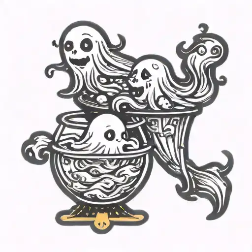 two cartoon ghosts swimming in a fishbowl black tattoo design idea