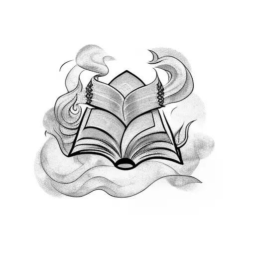A mesmerizing blackwork tattoo featuring a stack of books with smoke swirling around them. tattoo design idea